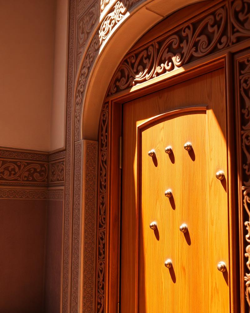 Hand-carved cedar door in afternoon light